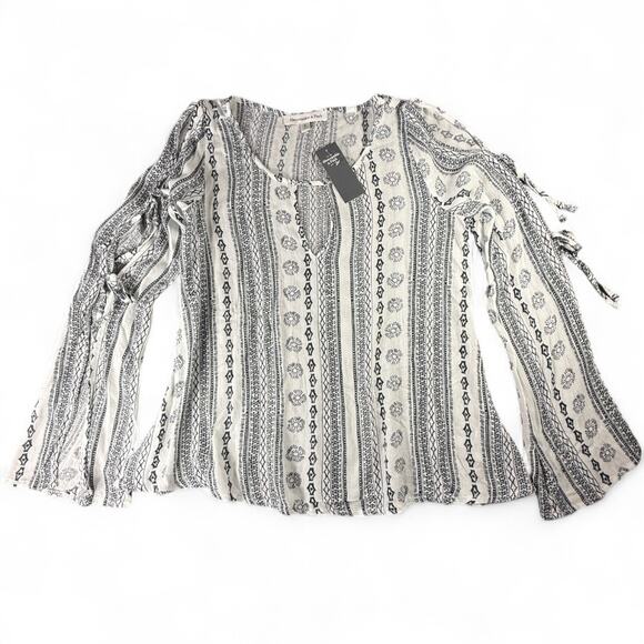 Abercrombie & Fitch Peasant Top Womens S Tribal Boho Bell Tie Sleeve Black White - Picture 1 of 7